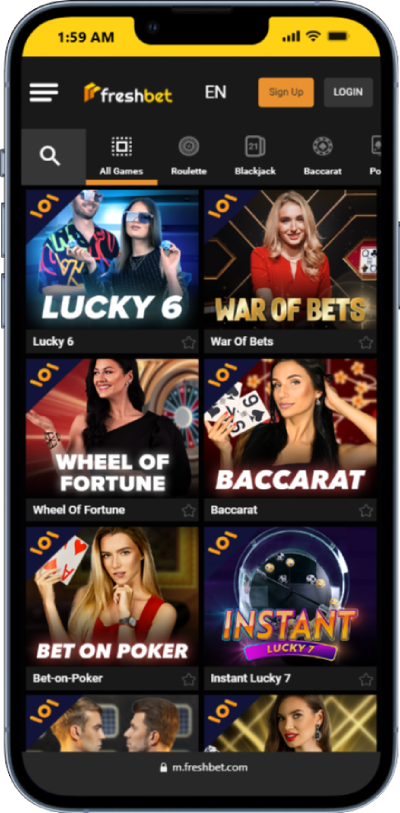 Freshbet mobile table-games lobby on a smartphone with tiles for Lucky 6, War of Bets, Wheel of Fortune, Baccarat, Bet-on-Poker and Instant Lucky 7