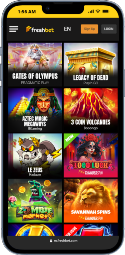 Freshbet mobile casino lobby showing slot thumbnails including Gates of Olympus, Legacy of Dead, Aztec Magic Megaways and 3 Coin Volcanoes