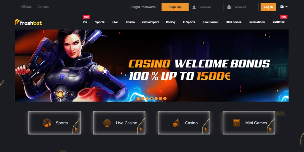 Freshbet Casino homepage with banner ‘Casino Welcome Bonus 100% up to €1500’ and navigation tabs for Sports, Live Casino, Casino and Mini Games