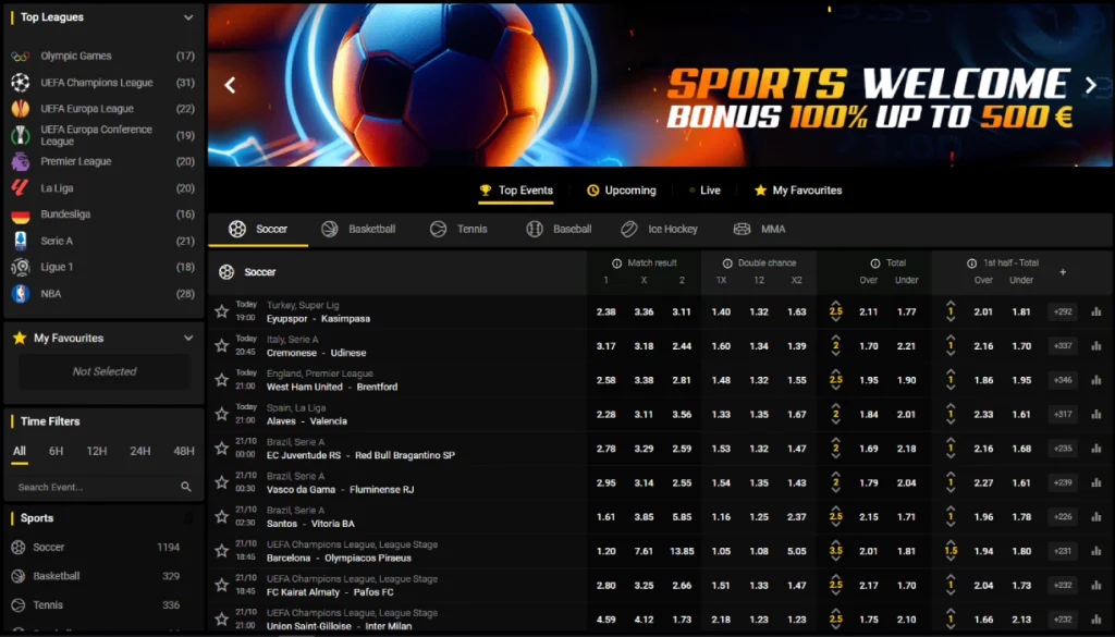 Freshbet sportsbook interface featuring live events, left-side league list, soccer odds table and banner Sports Welcome Bonus 100% up to €500