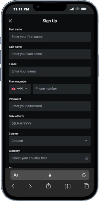 Mobile registration screen showing required fields before enabling security checks and two-factor login