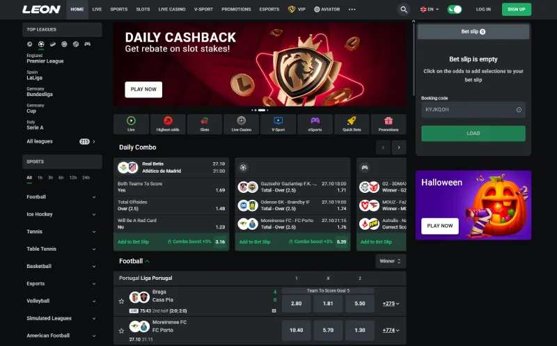 Desktop homepage with casino and sports menus context for navigating the lobby and managing favourites