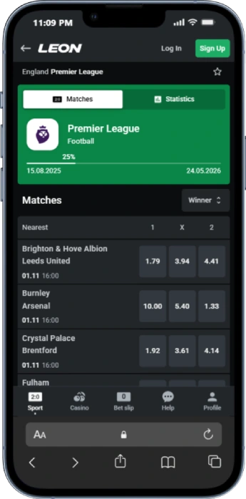 Football market list on mobile sportsbook example of 1X2 pricing and quick stake placement
