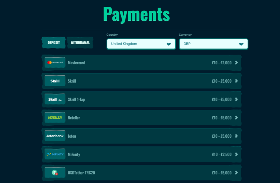Сasino payments page showing deposit and withdrawal options with Mastercard Skrill Neteller Jeton MiFinity and USDT Tether including limits in GBP