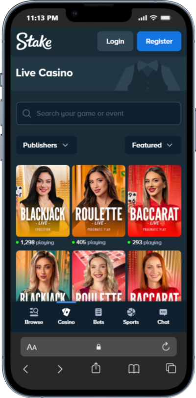 Live Casino interface with live blackjack roulette and baccarat tables