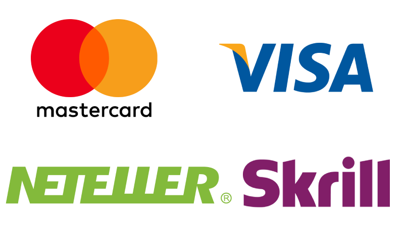 Payment systems Mastercard, Visa, Neteller and Skrill showing available casino payment methods
