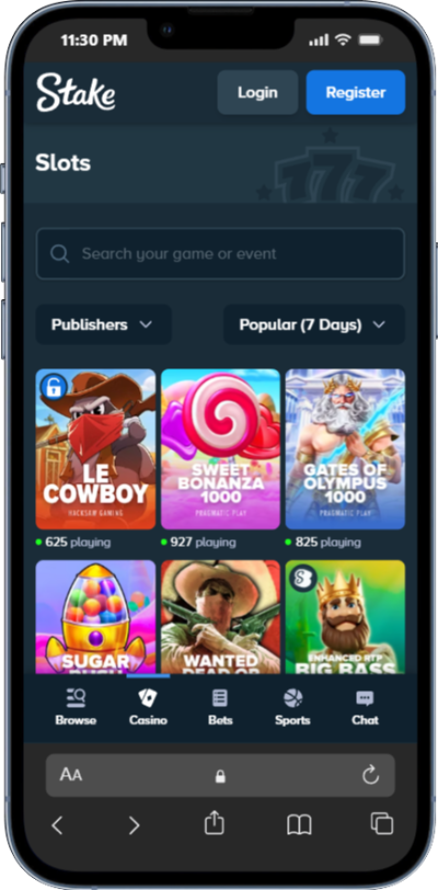 Slots section showing popular slot games and navigation bar