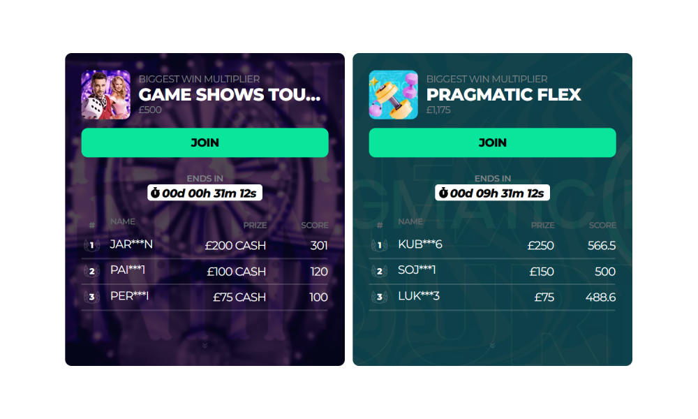 Casino tournament cards for Game Shows Tour and Pragmatic Flex with Join button timer and leaderboard